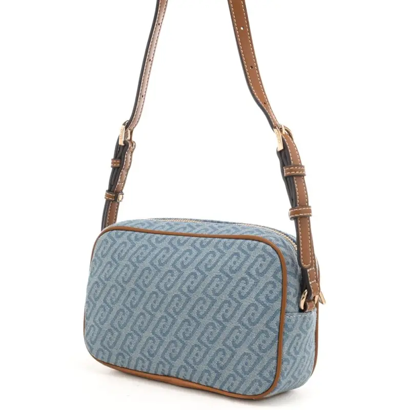 borsa camera case da donna in denim con logo monogram all over blu miniatura 3