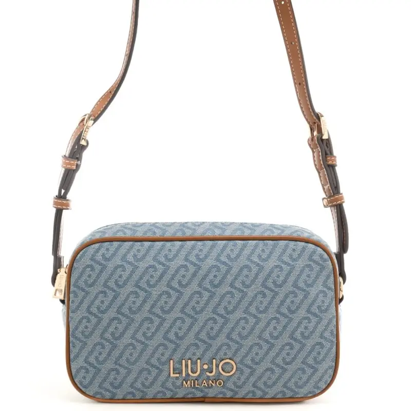 borsa camera case da donna in denim con logo monogram all over blu