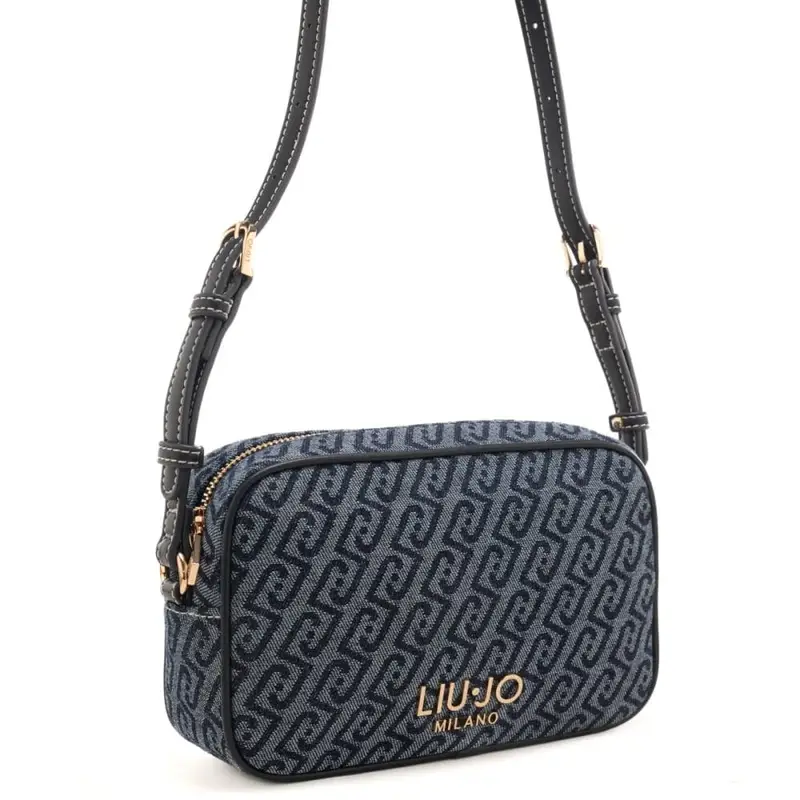 borsa camera case da donna in denim con logo monogram all over blu scuro miniatura 2