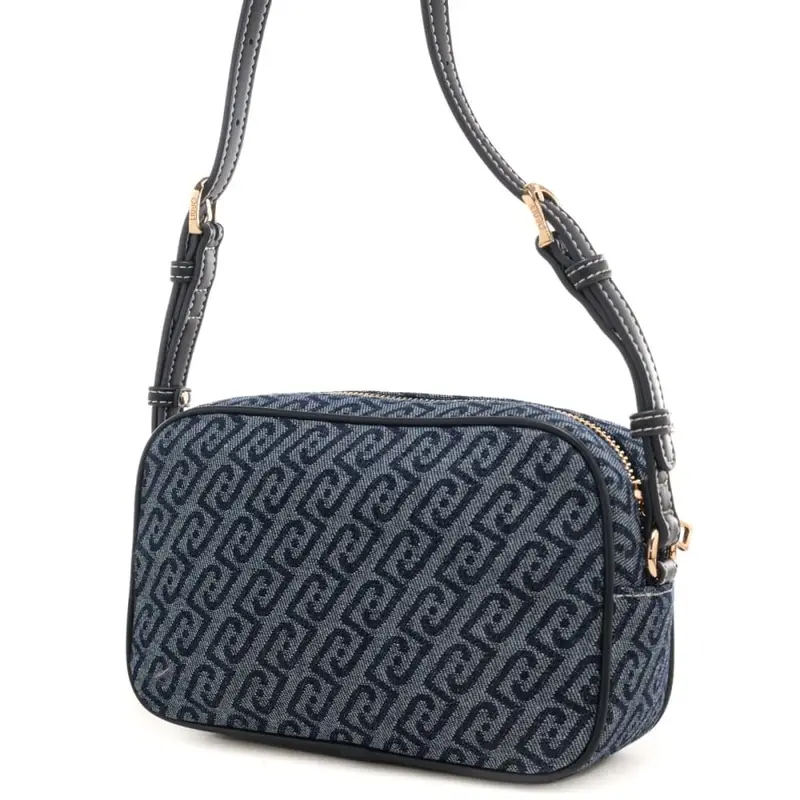 borsa camera case da donna in denim con logo monogram all over blu scuro miniatura 3