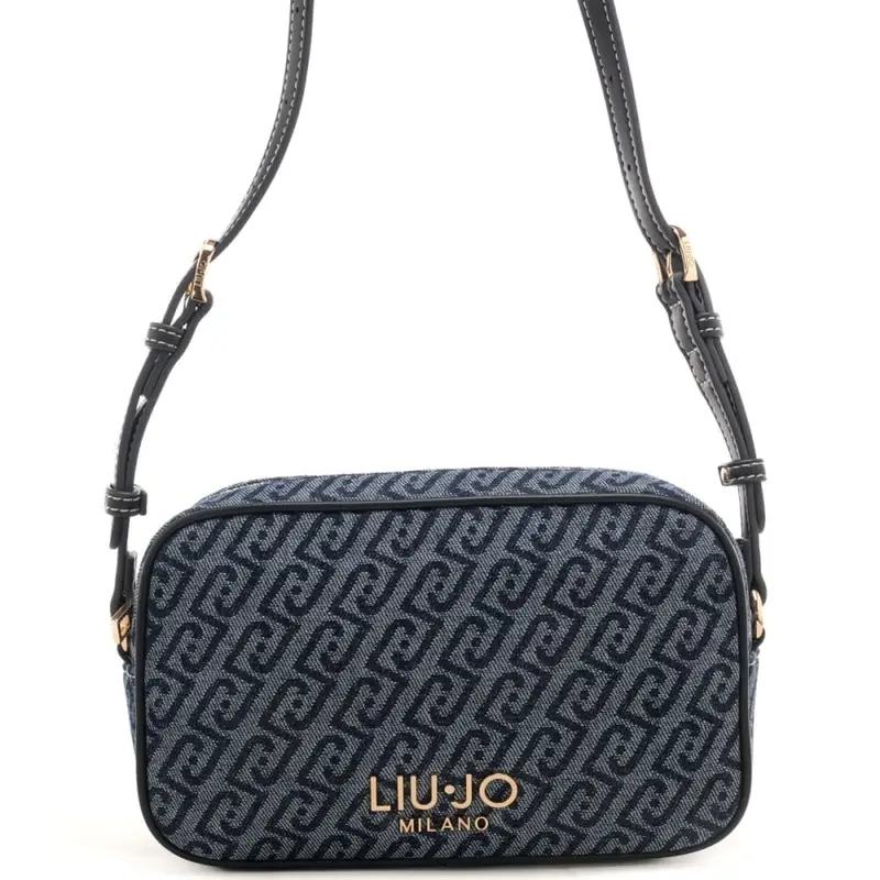 borsa camera case da donna in denim con logo monogram all over blu scuro