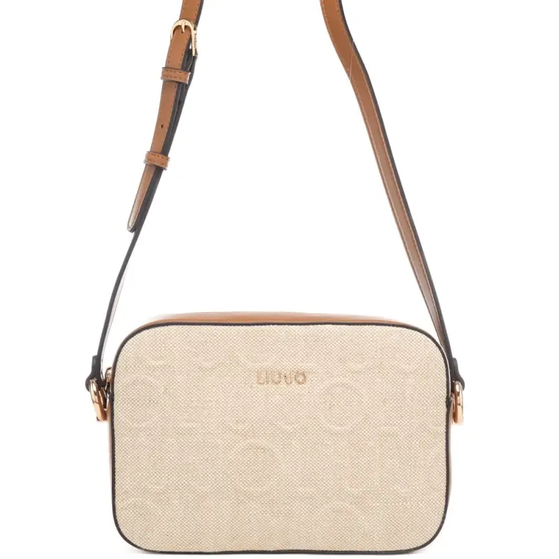 borsa camera case da donna in tessuto con inserti a contrasto naturale