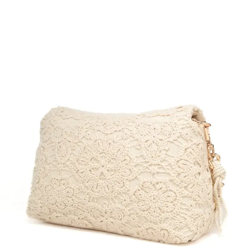borsa crossbody da donna in tessuto e ricami macramè crema miniatura 2