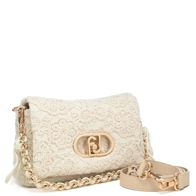borsa crossbody da donna in tessuto e ricami macramè crema miniatura 3