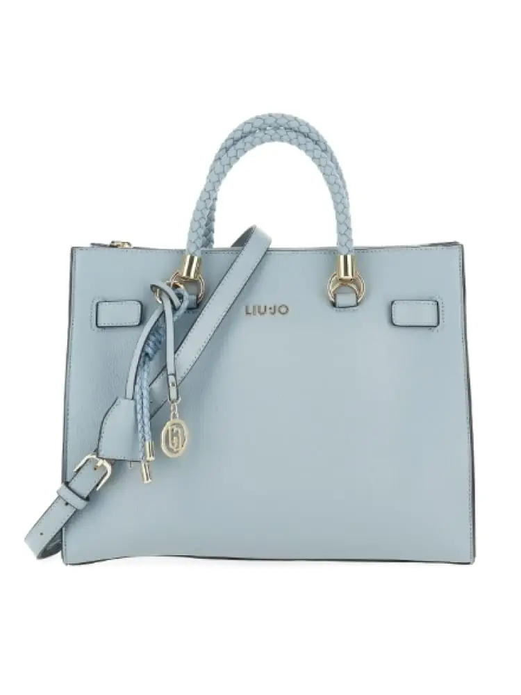 borsa donna azzurra con manico intrecciato e logo dorato