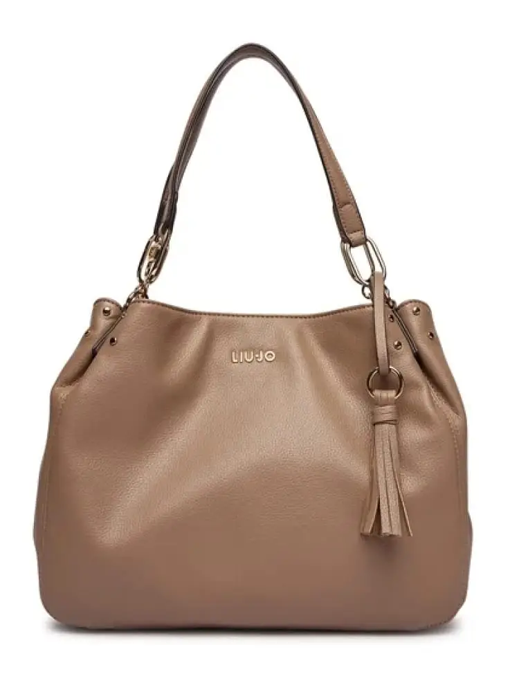 borsa donna beige con logo lettering dorato