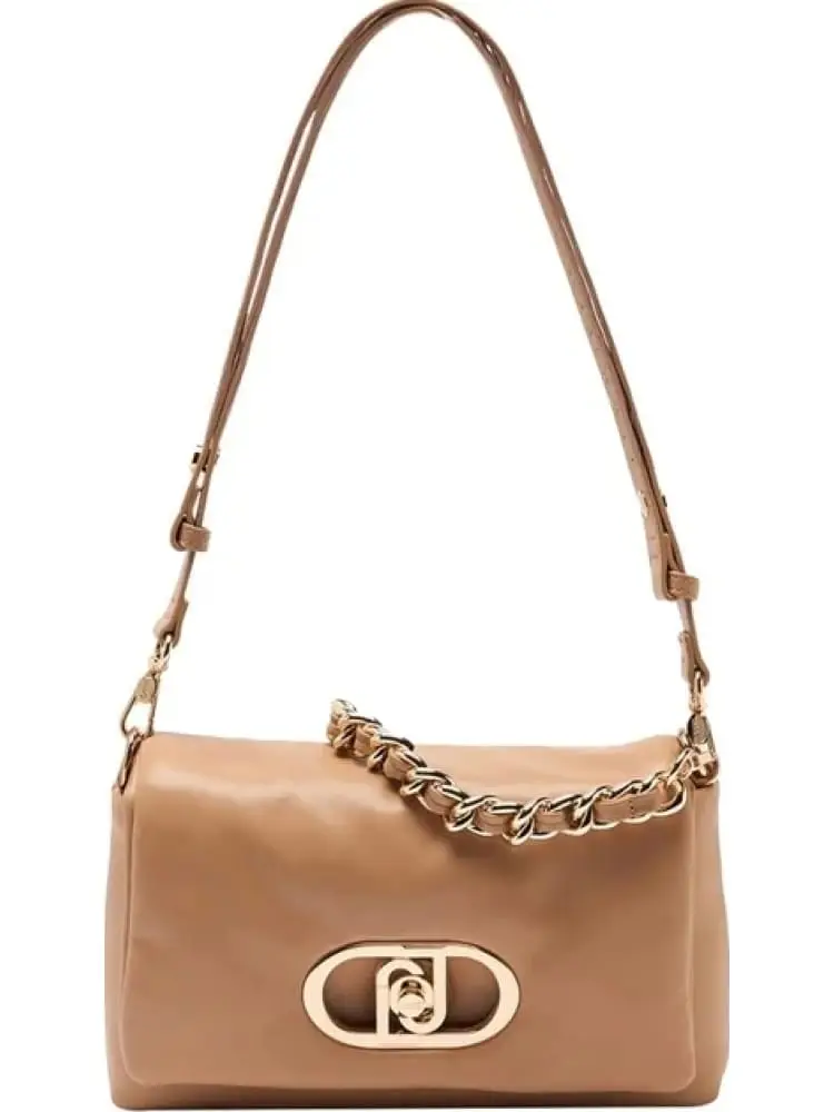 borsa donna color cammello in ecopelle con maxi logo dorato