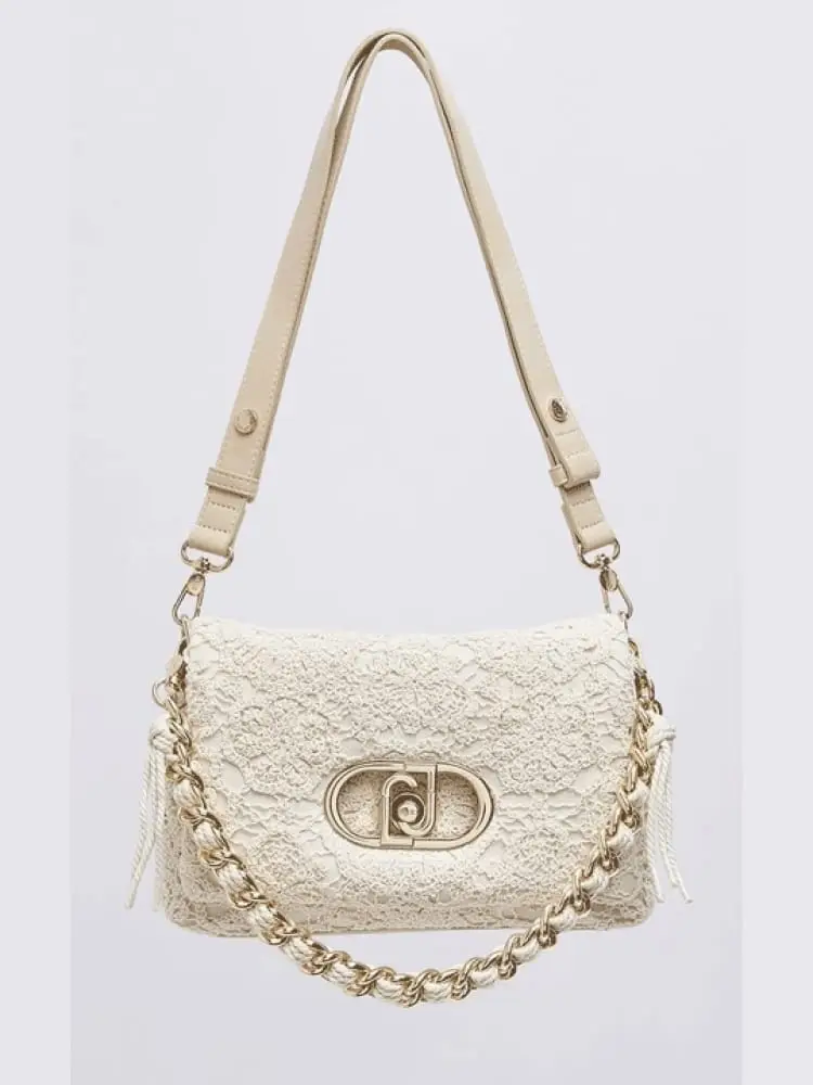 borsa donna color crema in pizzo con maxi logo dorato