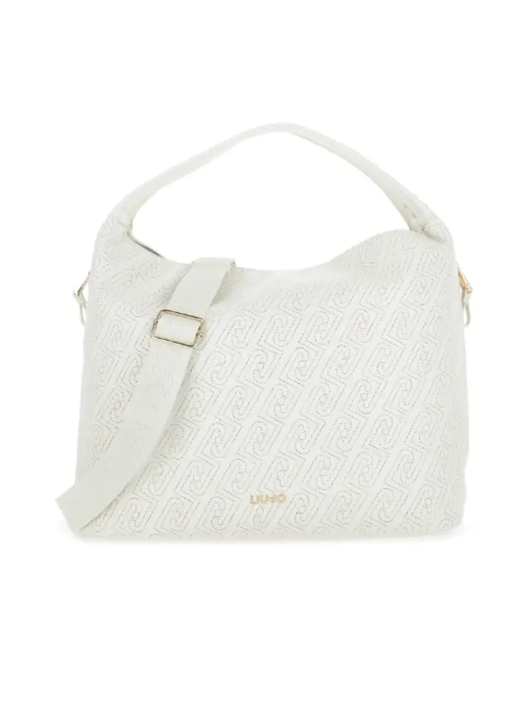 borsa donna crema con pattern logato all over e logo dorato