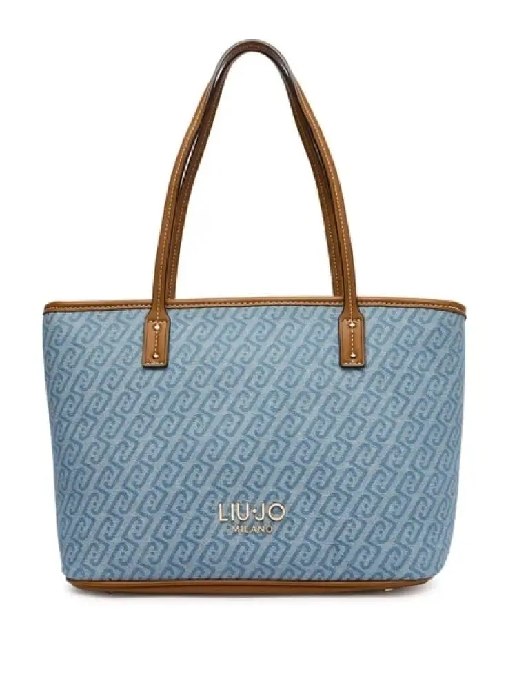 borsa donna in ecopelle azzurra e marrone con pattern logato all over