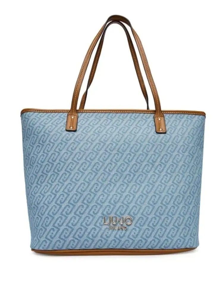borsa donna in ecopelle azzurra e pattern logato
