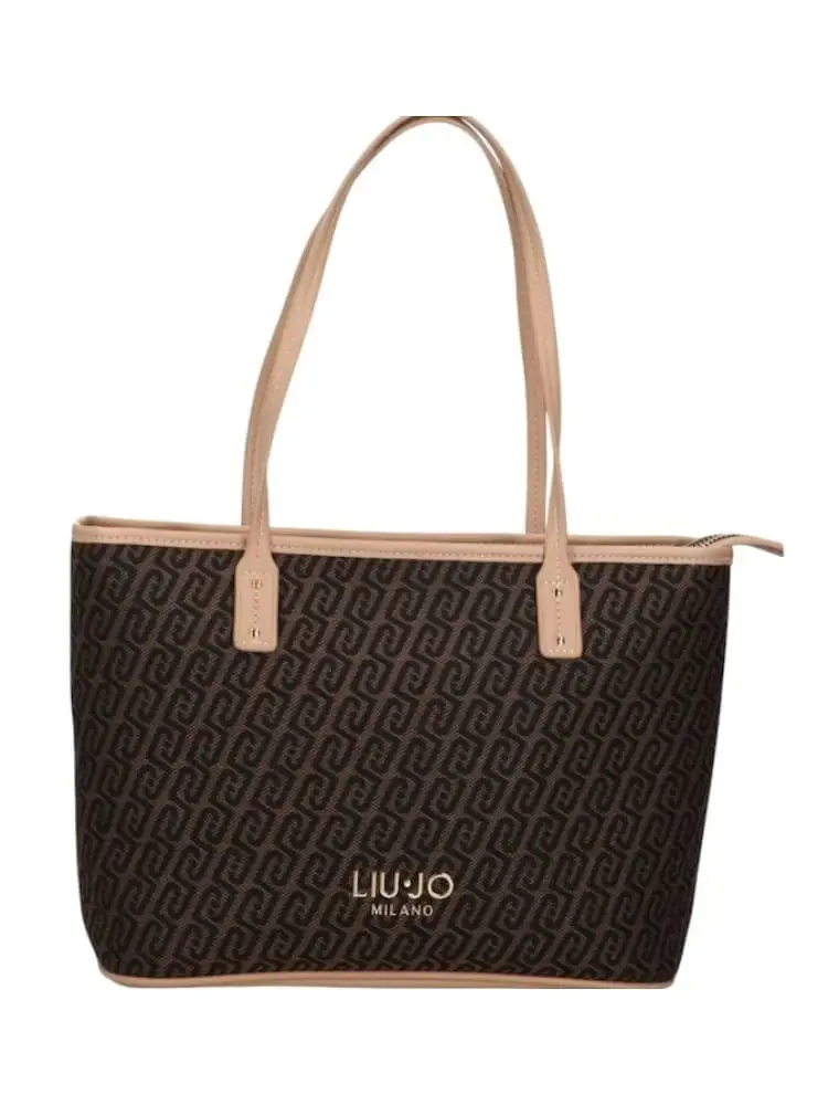 borsa donna in ecopelle beige e marrone con pattern logato all over