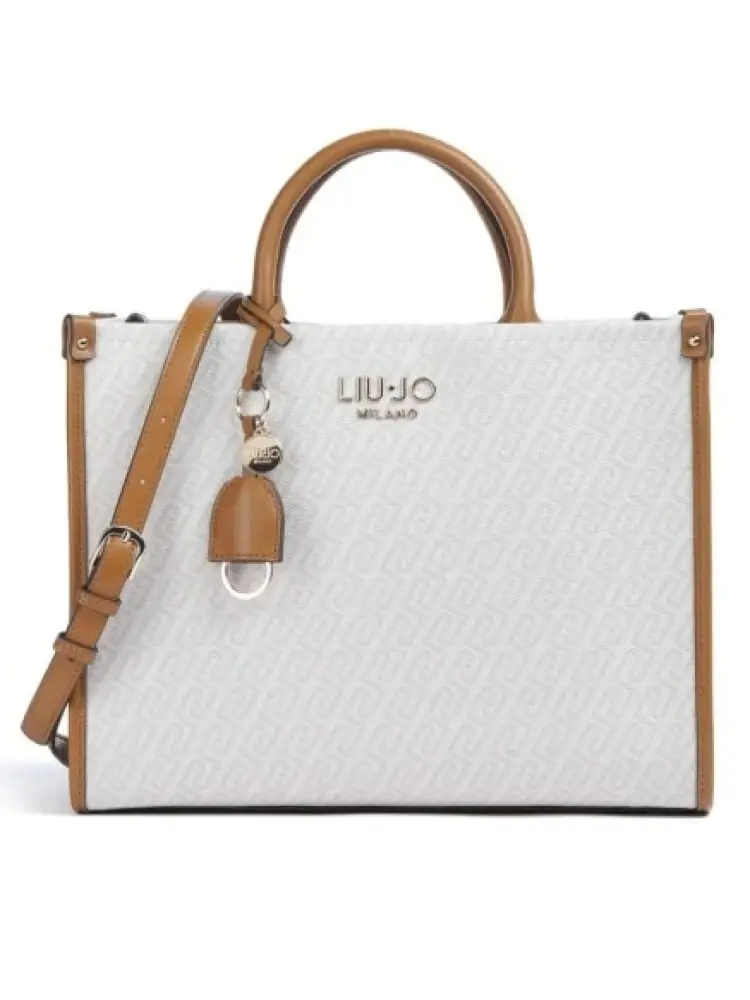 borsa donna in ecopelle bianca e marrone con charm removibile e logo dorato