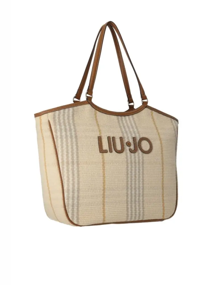 borsa donna in ecopelle e raffia beige chiaro a righe con logo frontale
