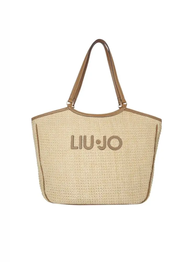 borsa donna in ecopelle e raffia beige chiaro con logo frontale