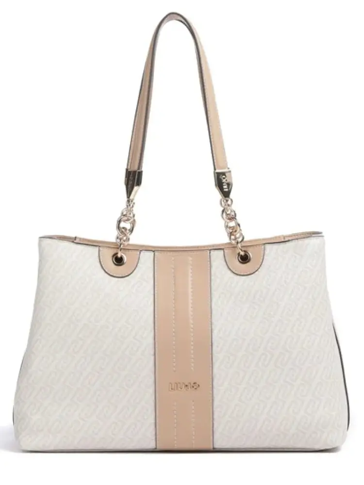 borsa donna in similpelle beige con pattern logato all over