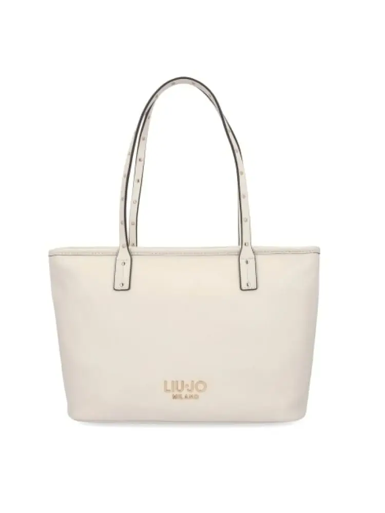 borsa donna in similpelle crema con logo dorato frontale e dettagli sui manici