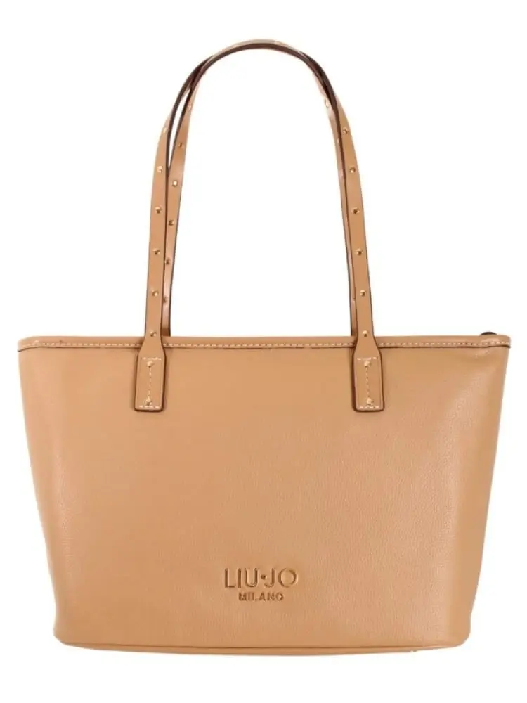 borsa donna in similpelle marrone con logo dorato frontale e dettagli sui manici