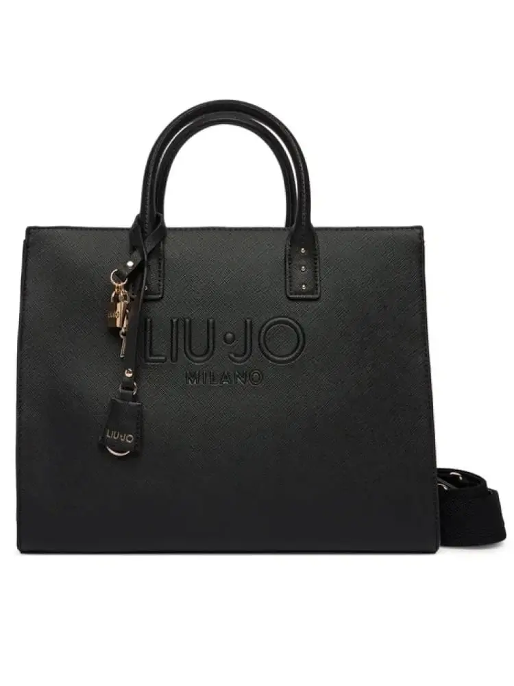 borsa donna in similpelle nera con logo lettering in rilievo