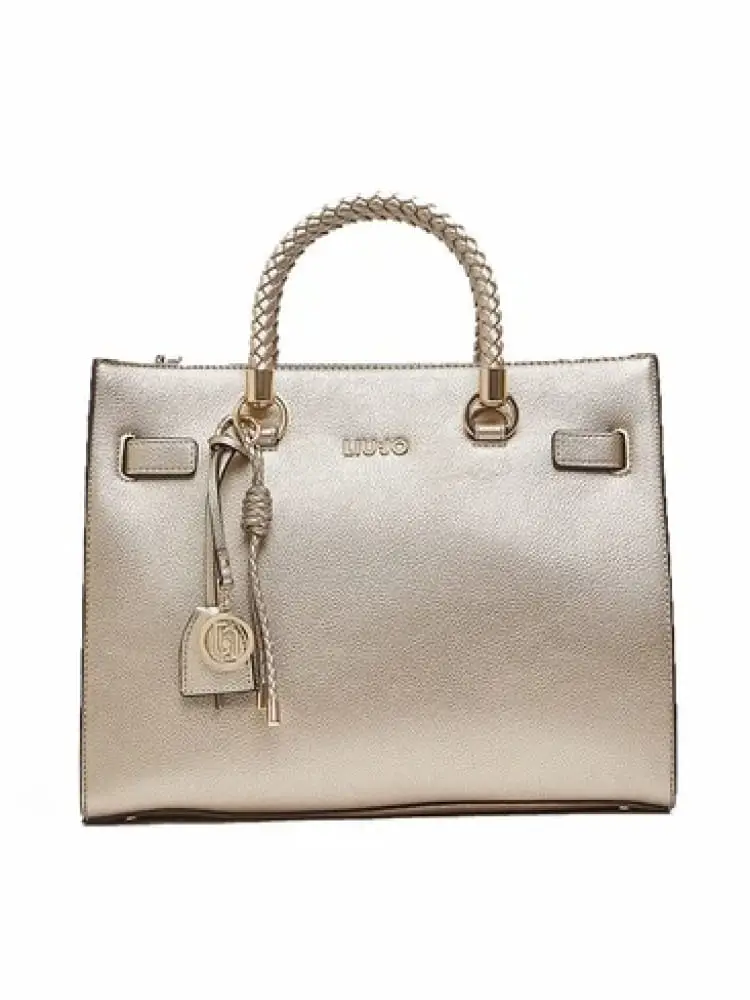 borsa donna light gold con manico intrecciato e logo dorato
