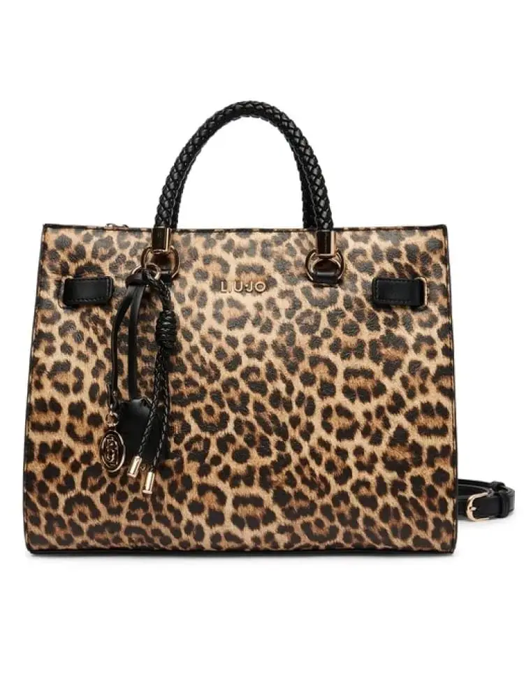 borsa donna maculata con manico intrecciato e logo dorato