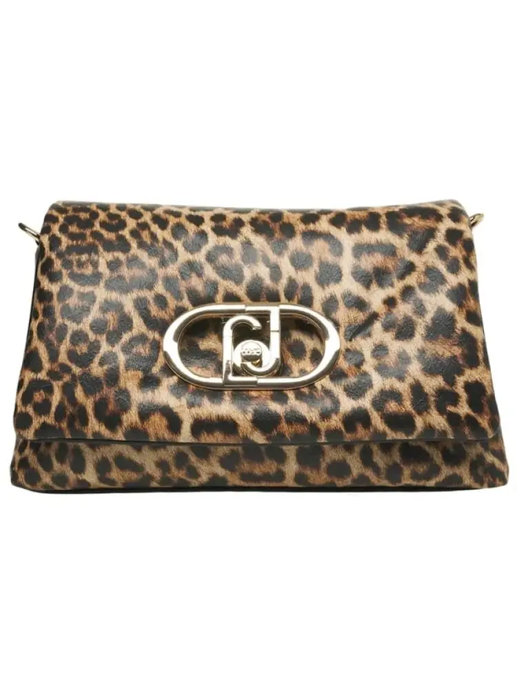 borsa donna maculata con maxi logo dorato