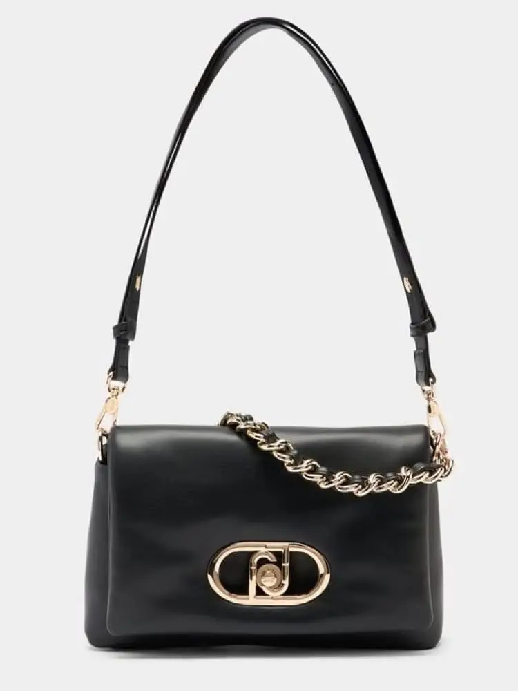 borsa donna nera in ecopelle con maxi logo dorato