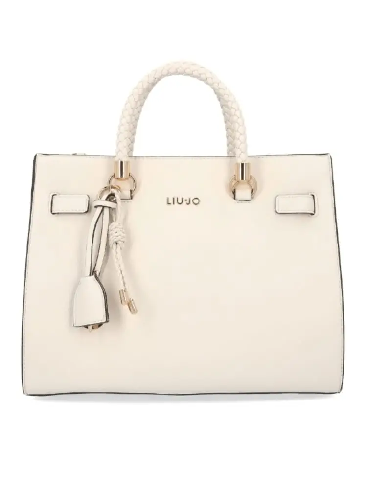 borsa donna rosata con manico intrecciato e logo dorato