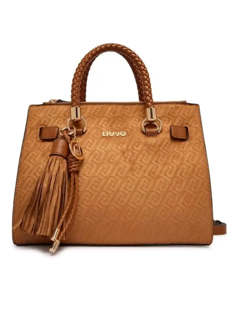 borsa donna stachel marrone con logo all over e dettagli in oro