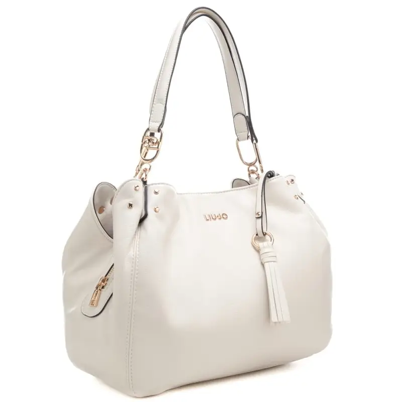 borsa satchel da donna con nappina e logo lettering in metallo sul davanti crema miniatura 2