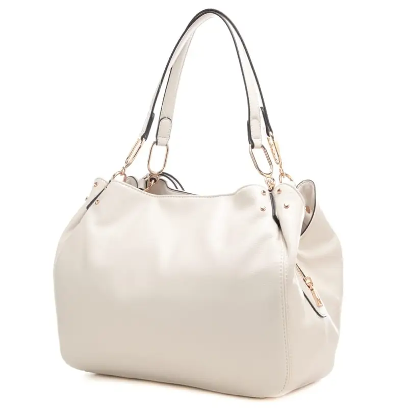 borsa satchel da donna con nappina e logo lettering in metallo sul davanti crema miniatura 3