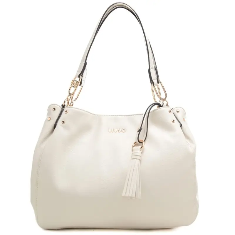 borsa satchel da donna con nappina e logo lettering in metallo sul davanti crema