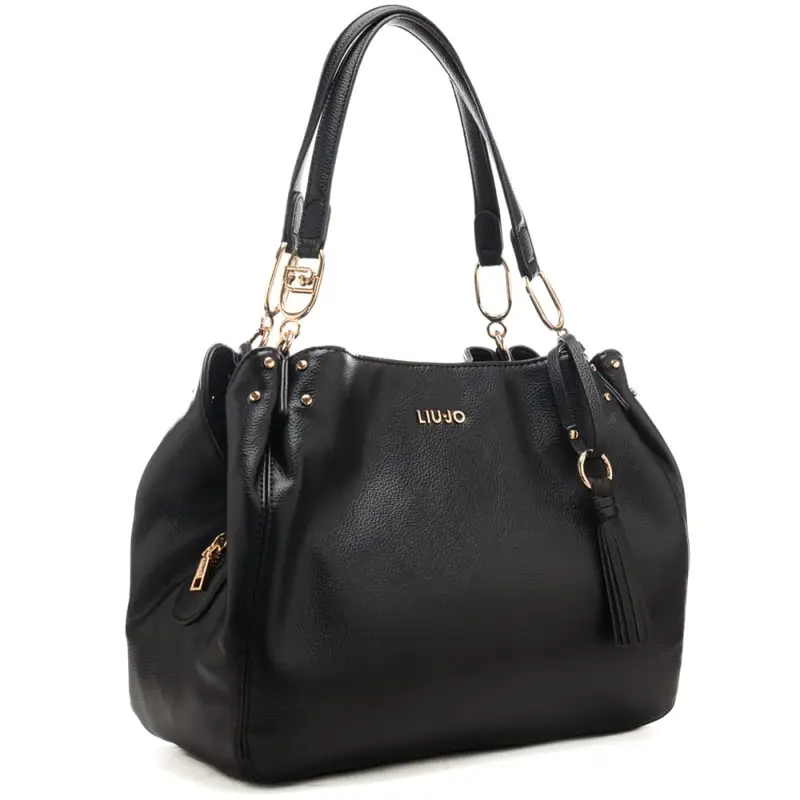 borsa satchel da donna con nappina e logo lettering in metallo sul davanti nera miniatura 2