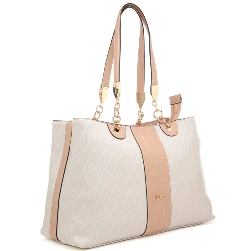 borsa tote da donna con manici con dettagli in metallo e inserto centrale a contrasto naturale miniatura 2