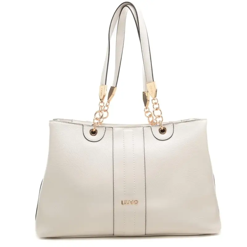 borsa tote da donna con manici con dettagli in metallo e inserto centrale ton sur ton crema