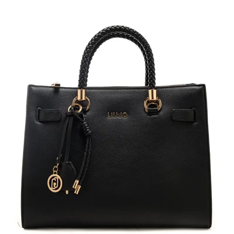 borsa tote da donna con manici con lavorazione intrecciata nera