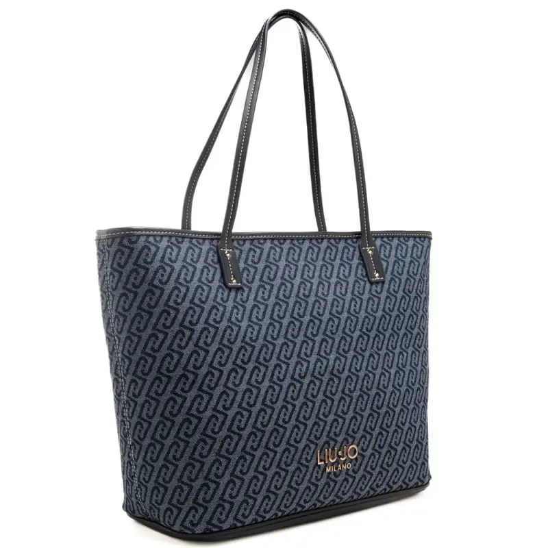 borsa tote da donna in denim con logo monogram all over blu miniatura 2