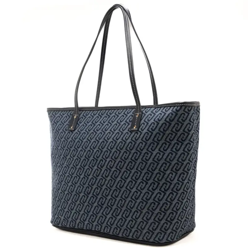 borsa tote da donna in denim con logo monogram all over blu miniatura 3