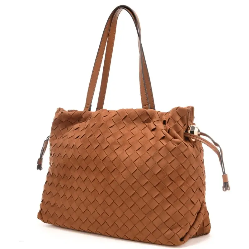 borsa tote da donna in tessuto intrecciato a quadri con coulisse sulla parte alta mattone miniatura 2