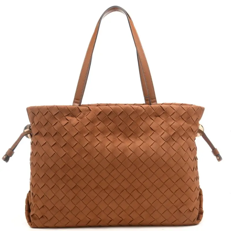 borsa tote da donna in tessuto intrecciato a quadri con coulisse sulla parte alta mattone