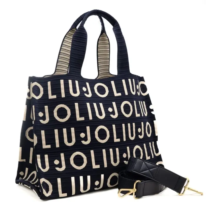 borsa tote da donna in tessuto jacquard con logo lettering all over blu miniatura 2