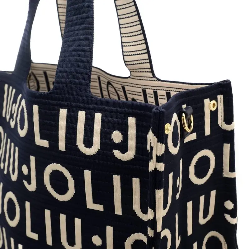 borsa tote da donna in tessuto jacquard con logo lettering all over blu miniatura 3