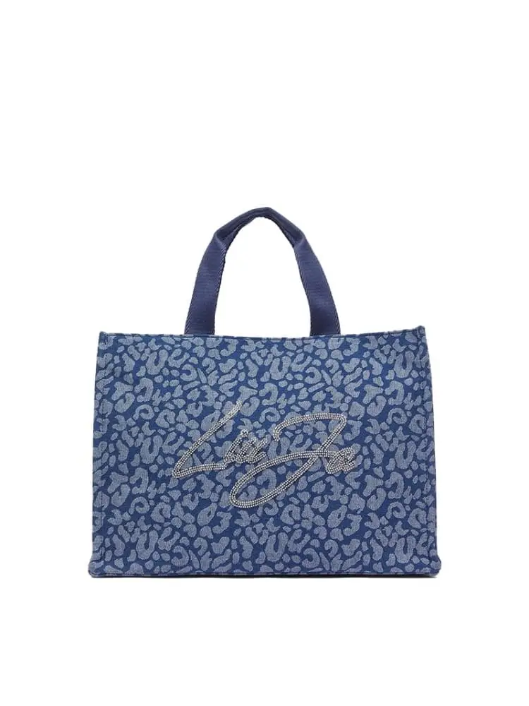 Liu-jo borsa tote in denim animalier blu chiaro con logo strass