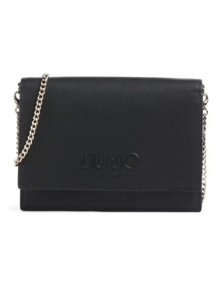 borsetta a tracolla donna in ecopelle nera con catena dorata e logo in rilievo