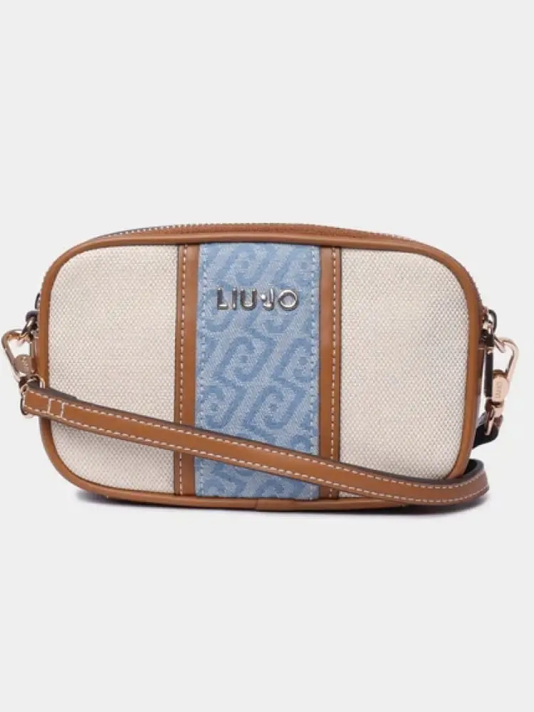 borsetta a tracolla donna marrone e azzurra con logo dorato