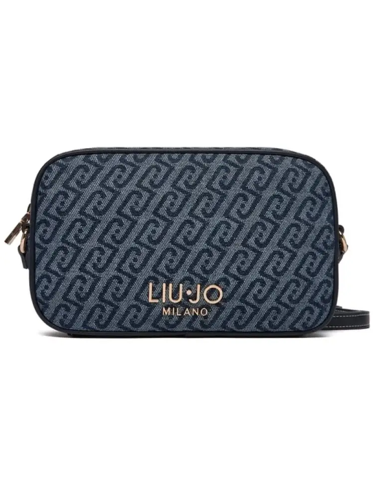 borsetta donna in pelle blu scura con logo dorato frontale