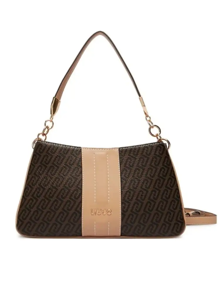 borsetta donna in similpelle beige e marrone con pattern logato all over