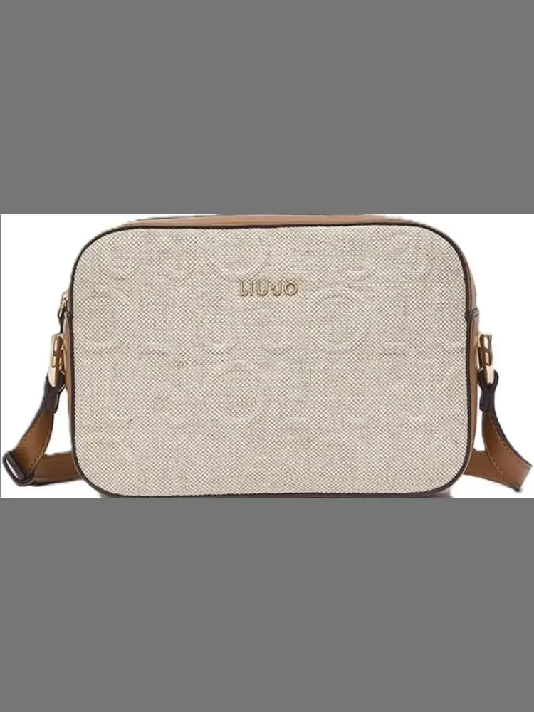 borsetta donna marrone e bianca con logo dorato