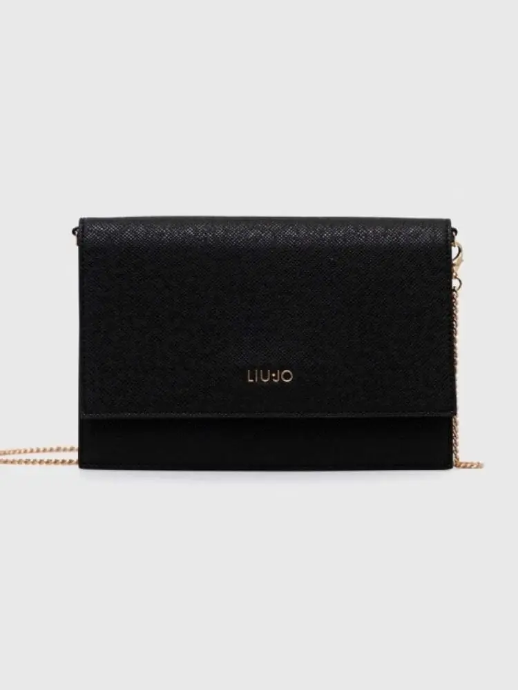 borsetta donna nera con catena e logo dorati