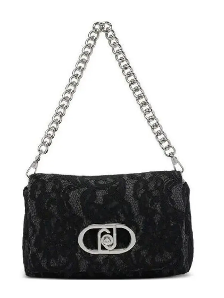 borsetta donna nera in pizzo con maxi logo argentato